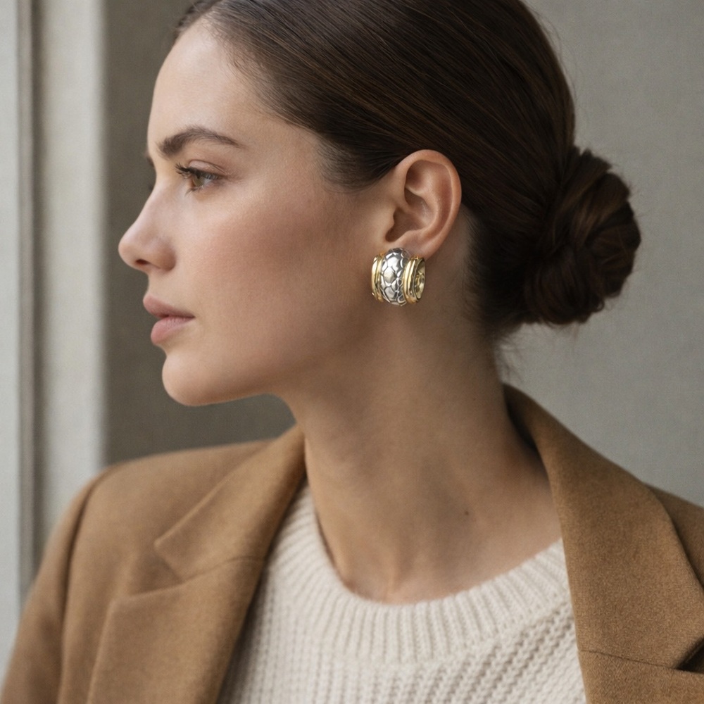 Vintage Givenchy Two Tone Dome Clip Earrings Gold Silver Ribbed Designer 90s